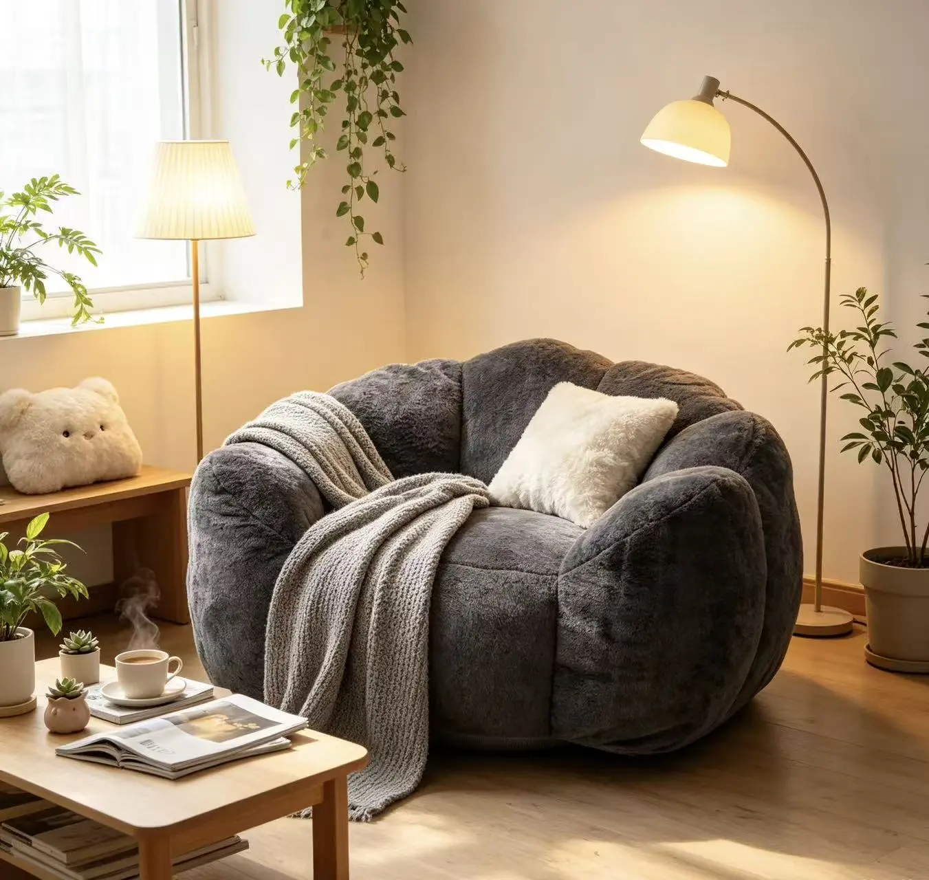 39 Inch Faux Fur Bean Bag Chair for Adults, Plush Petal Lazy Sofa, Ultra Soft Comfy Accent Vanity Lounge Chair for Bedroom, Living Room, Gaming Room