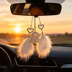 Zodiac Rhinestone Car Rearview Mirror Pendant, Luxury Style Sparkling Feather Ornament, Car Interior Decor Hanging Charm for Women