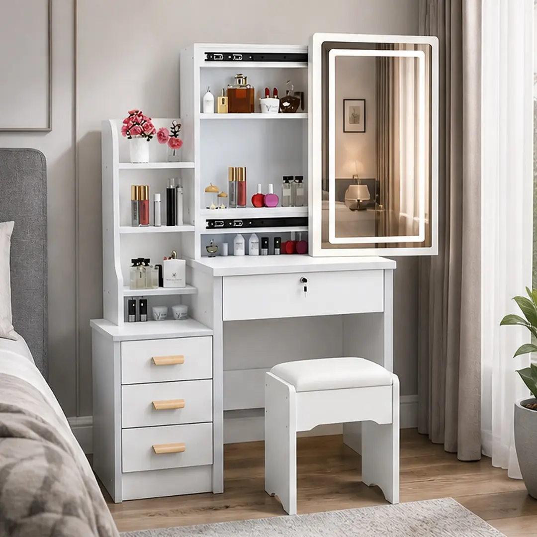 ARCH White MDF Vanity Desk Set with Lighted Mirror and Stool, 3 Color Adjustable Brightness LED Makeup Table with 4 Drawers, Sliding Glass Door Storage, Bedroom Dressing Table, Multiple Color Options, American Design/White Color Options