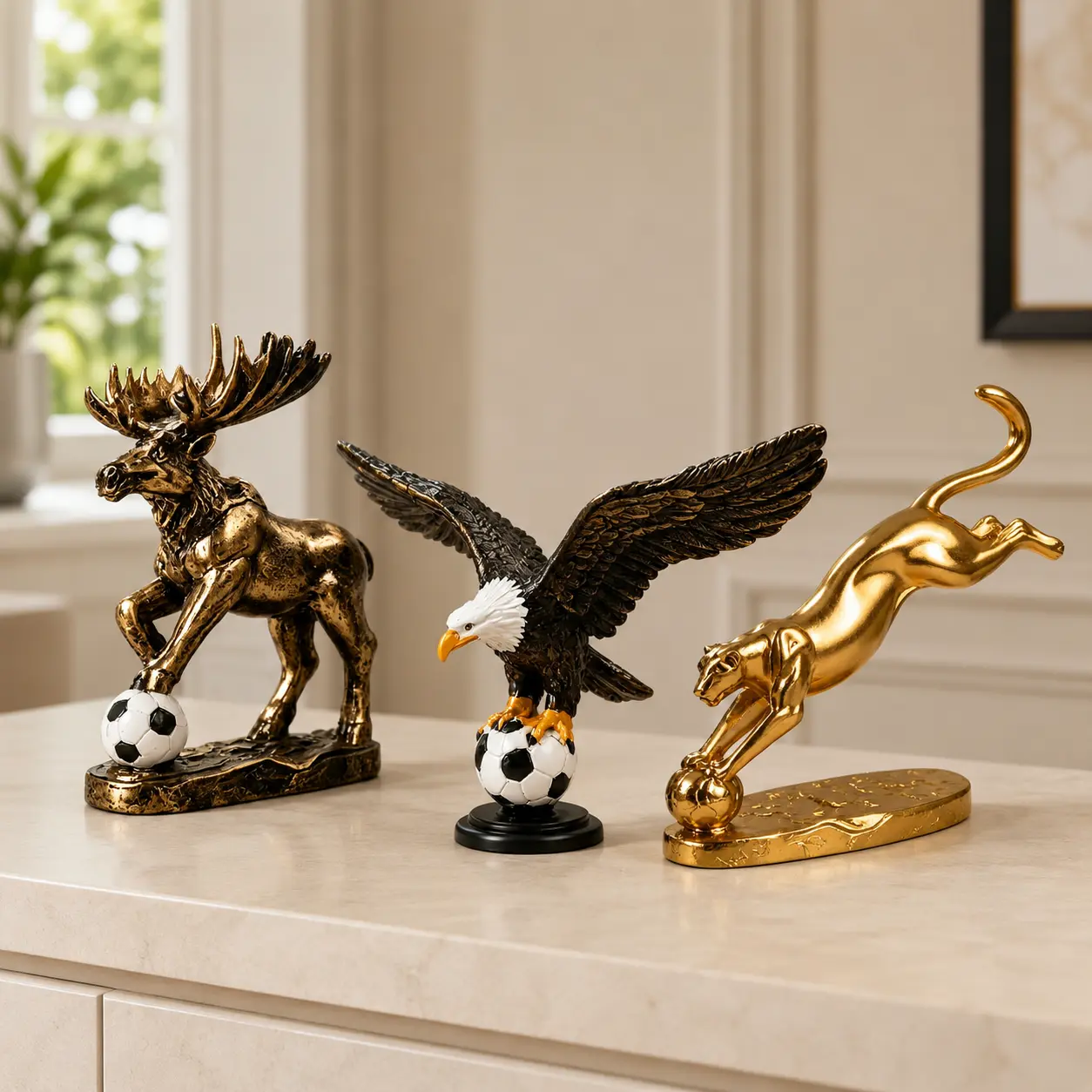Golden Animal Soccer Resin Ornament — Moose, Leopard & Eagle — Desktop Decoration — Home & Office Decor Accent — Symbolic Wildlife Sculpture Gift for Dad — Unique Father’s Day Gift for Him — Elegant Desk Ornament & Collectible Display Piece