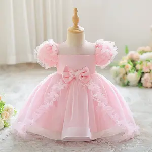 6M-3Y Pink 3068 Anniversary Baby Girls Clothes Infant Birthday Puff Sleeve Bow Mesh Ball Gown Cocktail Dress Toddler Pageant Newborn Ball Gown Princess Baptism Frock