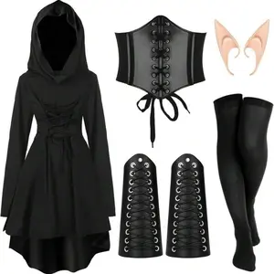 Halloween Women's Renaissance Fairy Costume Set Medieval Hooded Robe Elf Ears 5-Piece Set