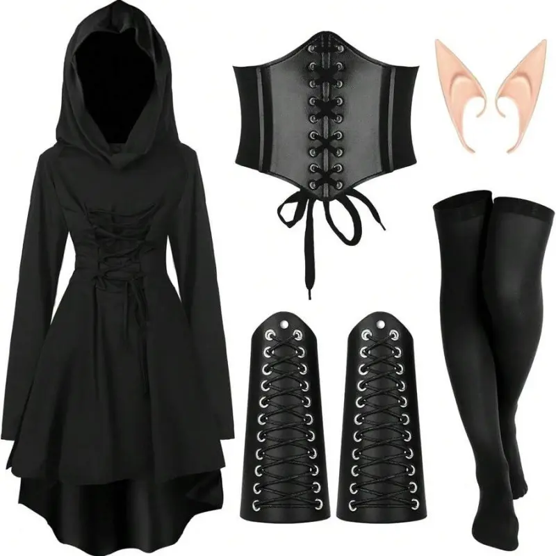 Halloween Women's Renaissance Fairy Costume Set Medieval Hooded Robe Elf Ears 5-Piece Set