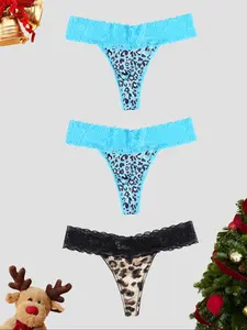 Women's Christmas Holiday Limited Edition Thong Set, Sexy Simple Design, Breathable Lightweight Skin-Friendly, Elegant Daily Essential, Sheer Lace Panty
