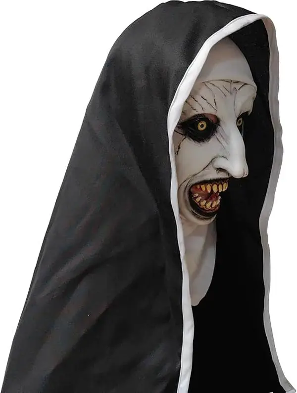 The Scary Nun Horror Mask is a full-head horror mask with a black and white hood, perfect for Halloween cosplay and parties.