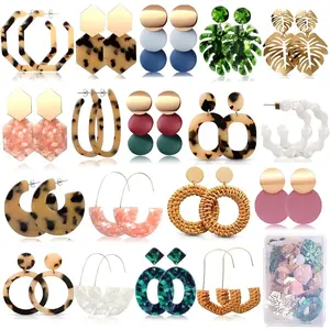 18 Pairs Vacation Statement Earrings for Women Straw Rattan Earrings Acrylic Resin Hoop Drop Dangle Earrings Set Hypoallergenic for Sensitive Ears