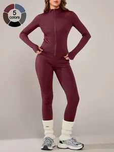 Women's Sporty Two-Piece Set, Long Sleeve Jacket & Tight-Fit Pants, Breathable Outfit for Yoga, Fall Winter Gym Outdoor Running Clothes, Sportswear Set