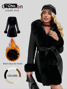 Women's Winter Faux Fur Coat with Belt, PU Patchwork Hooded Jacket, Long Sleeve Fitted Casual Warm Outerwear for Fall & Winter