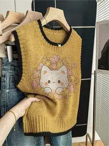 1+ Piece Spring & Summer Back-to-School Casual Loose Crew Neck Sleeveless Crop Knit Top, Contrast Dark Blue Trim, Cute Cat Print Women's Spring Knit Top for Outdoor Wear - Can Be Paired with a Vest or Worn Alone