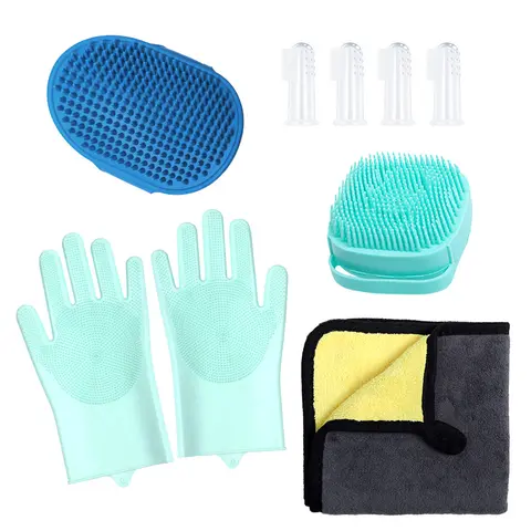 9-in-1 Universal Pet Bathing & Grooming Kit for Dogs, Cats - Massage Skin Shower Gel Storage Brush, Shampoo/Conditioner Dispenser, Soft Bristles Silicone Brush, Clean Finger Toothbrushes