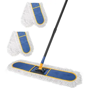 24" Commercial Dust Mop for Floor Cleaning, Heavy Duty Floor Duster with 2 Cotton Reusable Mop Pads, 59" Long Handle Wet Dry Flat Mops for Hardwood Floors, Marble, Laminate, Tile, Concrete, Garage (Blue)