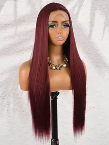28inch Burgundy Wine Red Lace Front Wig Pre-Plucked Hairline,13x4 Free Part Lace Reddish Brown Long Straight Synthetic Hair, Heat Resistant Fiber, Glueless for Easy Wear Import High Temperature Fiber, Suitable for All Occasions, Lace Frontal Wigs