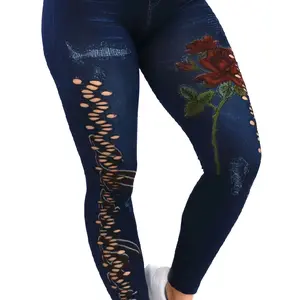 Women's Denim-Print Stretchy Skinny Leggings Faux Jeans Looks Pants Bottom Comfort