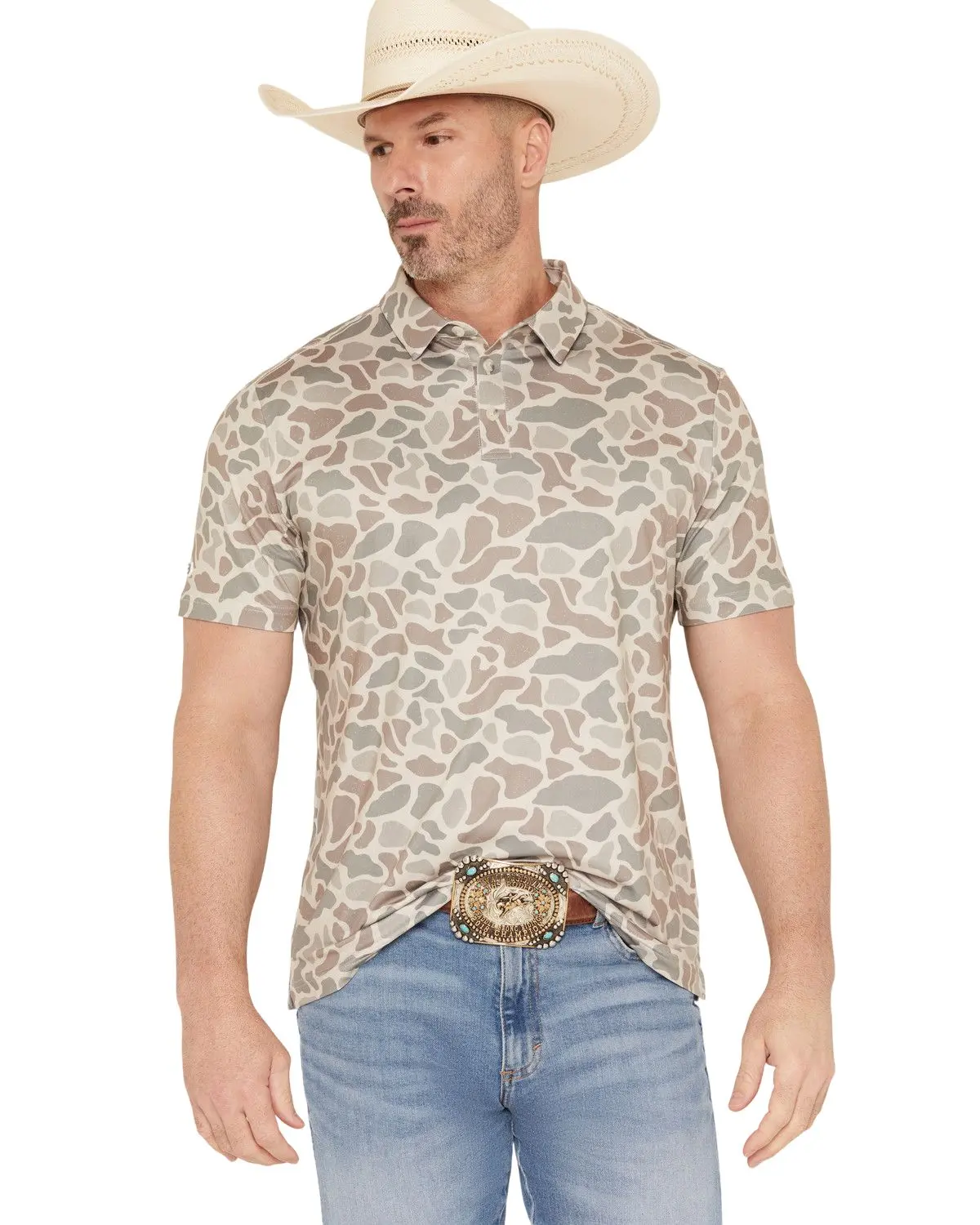 Burlebo Men's Men'S Deer Camo Print Short Sleeve Button-Down Stretch Polo - Pp-Cdc