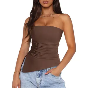 Womens Summer Tube Tops 2025 Trendy Strapless Ruched Going Out Asymmetrical Bandeau Shirts Casual Minimalist Sleeveless Womenswear Army Green