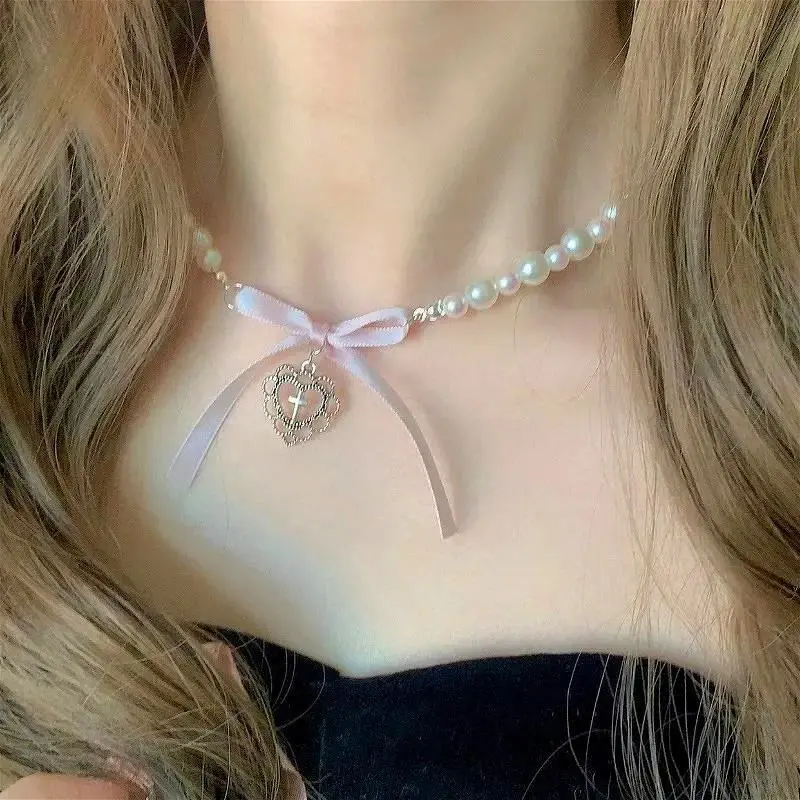 Kpop Goth Pink Ribbon Bow Imitation Pearl Beads Choker Necklace Y2K Sweet Cute Heart Pendant Clavicle Chain Girl Lolita Jewelry