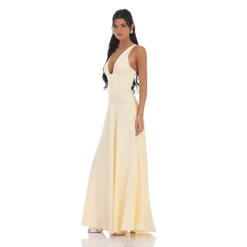 Satin Plunge Neck Corset Maxi Dress in Yellow
