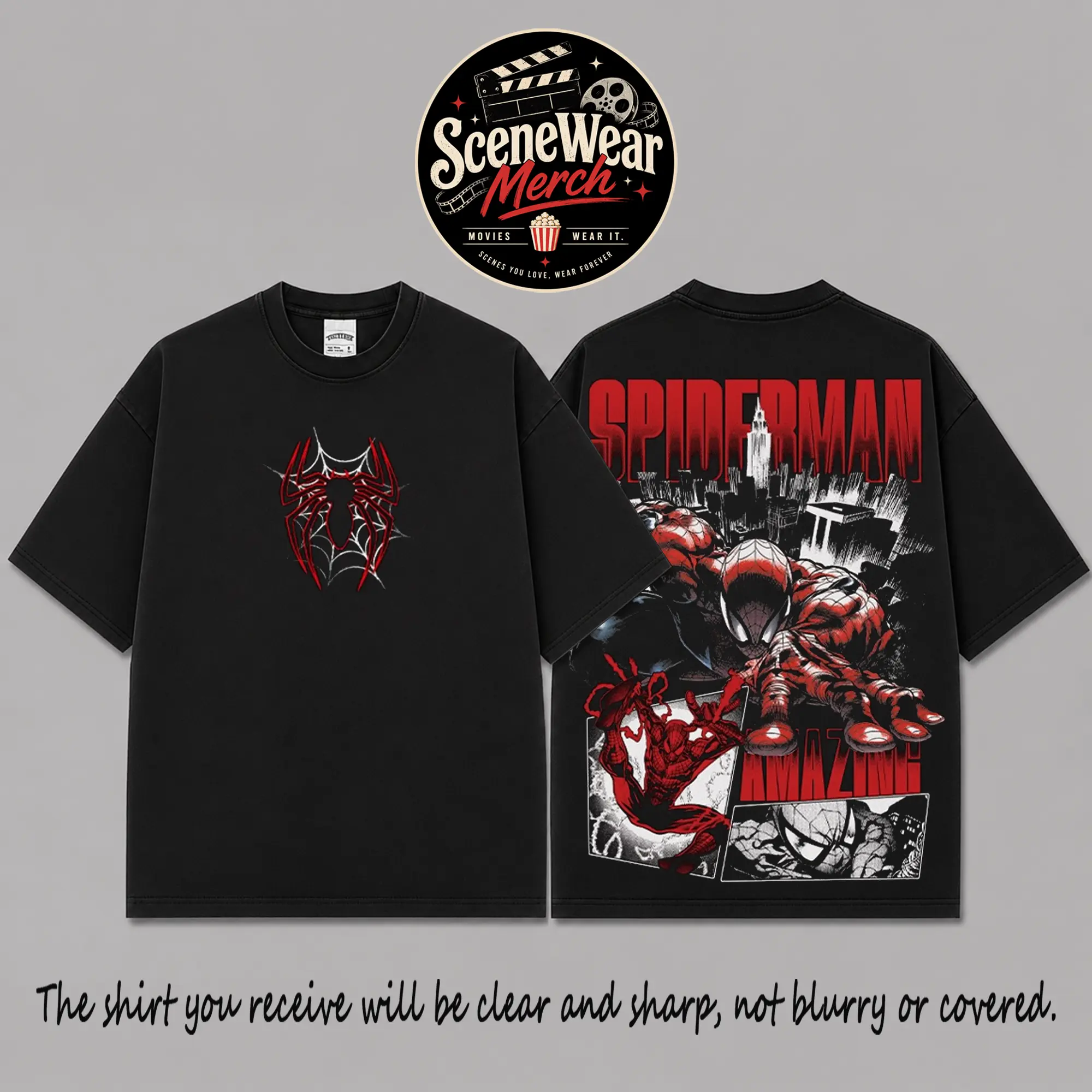 Spidey City Swing Premium Cotton T-Shirt, Amazing Spider Hero Graphic Tee, Red Black Comic Streetwear Shirt, Oversized Unisex Tee, Classic Superhero Gift For Fans