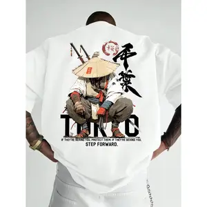 Mens Graphic Short Sleeve T Shirt Japanese Samurai Warrior Katana Straw Hat Streetwear Tee Casual Summer Top Anime Style Art