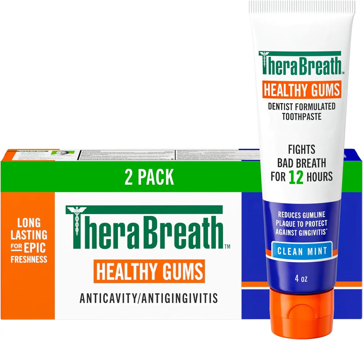 TheraBreath Healthy Gums Toothpaste, Clean Mint, 4 oz, 2-Pack | Fights Bad Breath for 12 Hours, With Stannous Fluoride, Anticavity & Gingivitis Protection