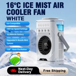 Ice Mist Portable Fan, 10000mAh 4-in-1 Evaporative Mini Air Conditioner with Humidifier, 120° Oscillation, 10 Wind Speeds, 3 Mist Modes, RGB Night Light, Timer, Remote Control, 900ML Water Tank for Home Office, Ice Mist Portable Fans