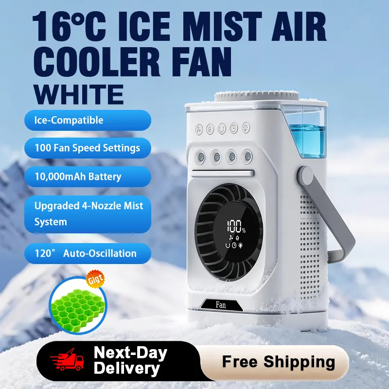 Ice Mist Portable Fan, 10000mAh 4-in-1 Evaporative Mini Air Conditioner with Humidifier, 120° Oscillation, 10 Wind Speeds, 3 Mist Modes, RGB Night Light, Timer, Remote Control, 900ML Water Tank for Home Office, Ice Mist Portable Fans