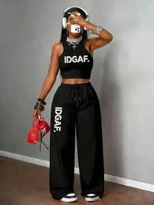 Women's Casual Two-Piece Set, Round Neck Slim Fit Tank Top + High Waist Straight Leg Pants, Letter Print, All Seasons Sportswear, Casual Workout Loungewear, Sports Clothing Set