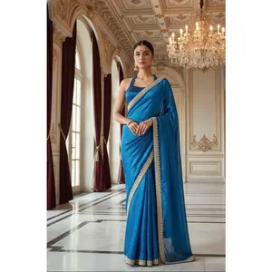 Blue Fancy Pre-Draped Saree - Custom-Stitched with Heavy Lace Work