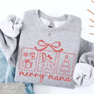 Christmas Mama Sweatshirt / Short Sleeve T-SHIRT : Doodle Minimalist Coquette Stamp Xmas Mom Crewneck Tops