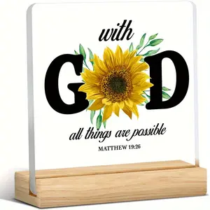 Sunflower & Letter Pattern Acrylic Plaque Sign, 1 Count Creative Desktop Decoration with Wooden Base, Home Decor Supplies for Living Room Bedroom Office