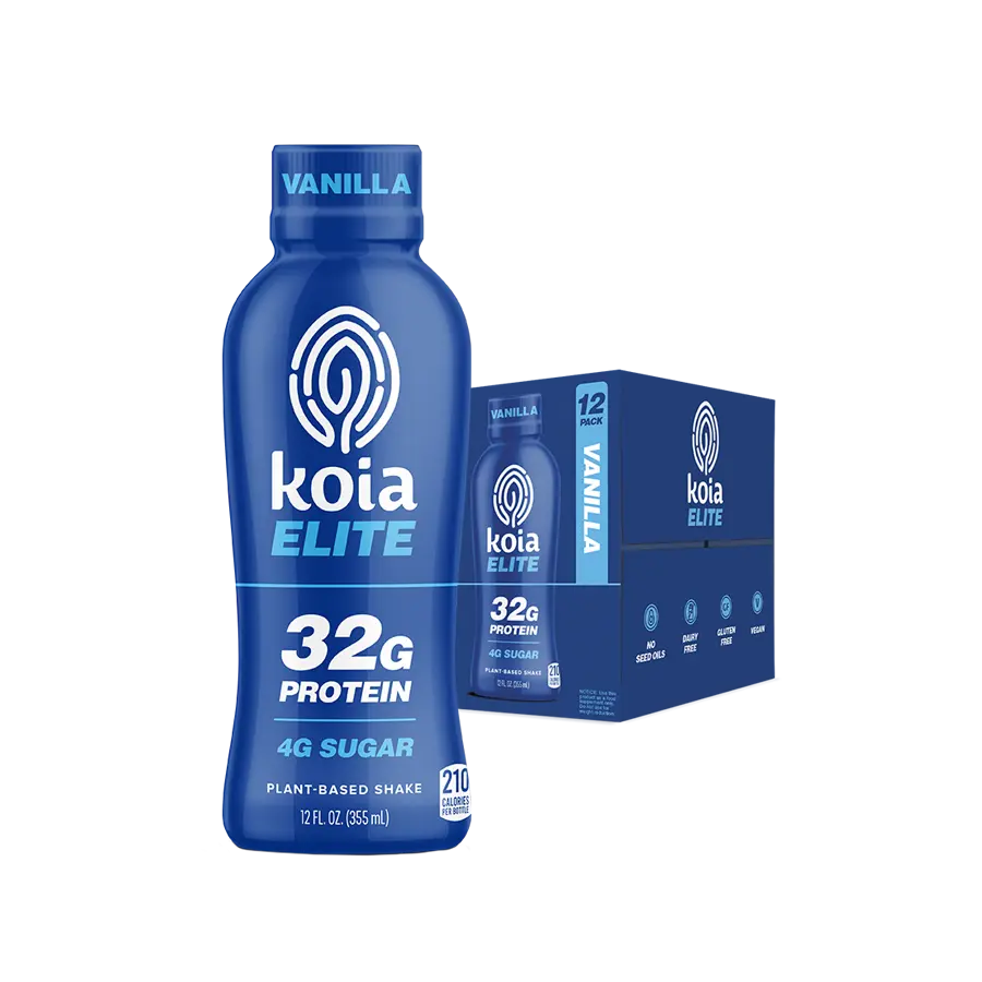 Koia Elite Plant Based Protein Shake, Vanilla, 32g Protein, 4g Sugar, 6g Prebiotic Fiber, Pre & Post Workout Nutritional Drink, No Seed Oils, Dairy-Free, Gluten-Free, Non-GMO, 12 Fl Oz (Pack of 12)