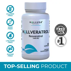 HALLUSA NATURAL HALLVERATROL 1000 mg x 60 Capsules High Strength Resveratrol for Antioxidant Heart & Anti-Aging Support Gluten-Free Non-GMO Dietary Supplement