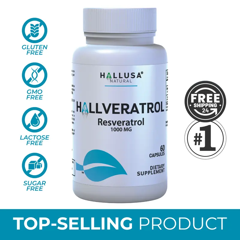 HALLUSA NATURAL HALLVERATROL 1000 mg x 60 Capsules High Strength Resveratrol for Antioxidant Heart & Anti-Aging Support Gluten-Free Non-GMO Dietary Supplement