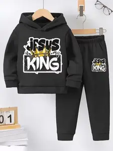 Boys' Christian Faith Jesus King Hoodie & Jogger Set, Heavyweight Casual Winter Clothing, Gold Crown Cross Print, Hoodies, Sweatshirts, Sweatpants