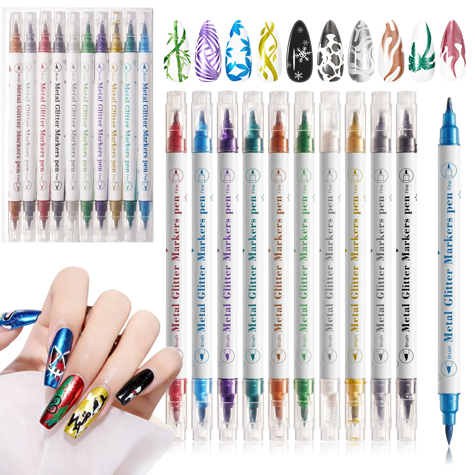 Nail Art Pens Set: 10 Double-Ended Nail Pens for Nail Art, Quick-Drying Acrylic Nail Paint Markers, Fingernail Design Pens Graffiti Dotting Liner Pens Kit for DIY Home Salon spring style