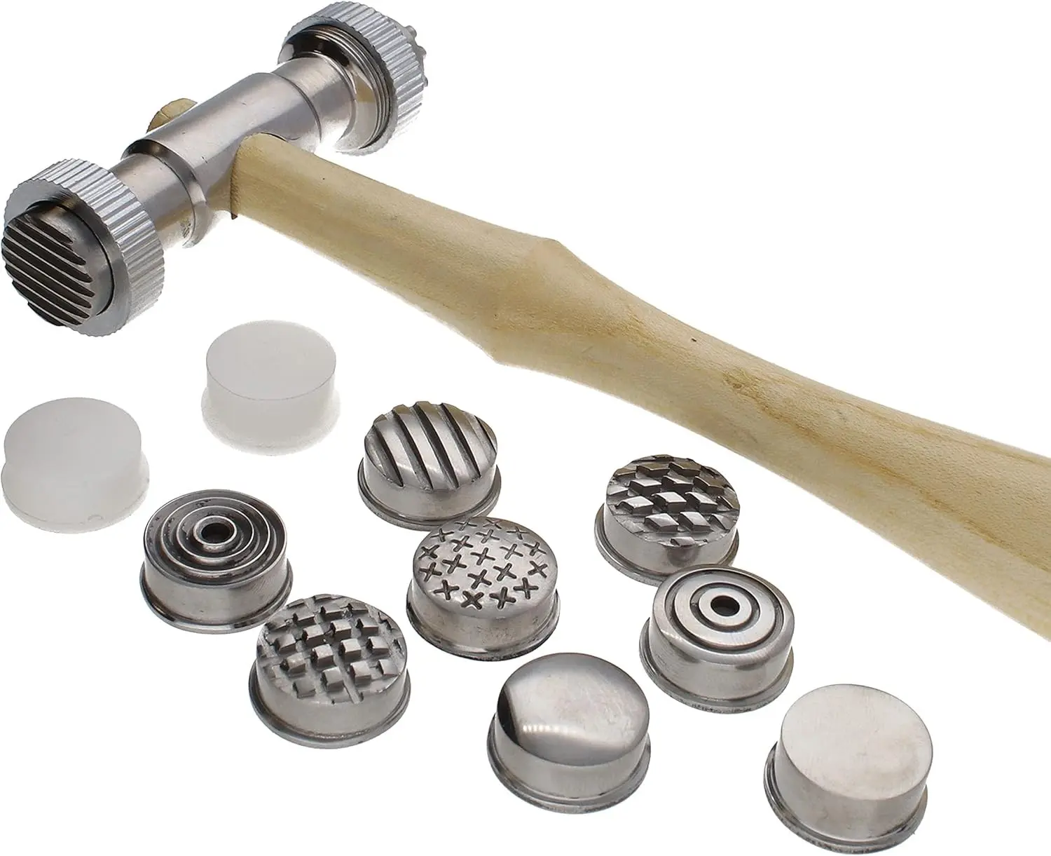 Handheld Interchangeable Texture Hammer for Crafters - 10.5in Wooden Handle, 65mm Steel Head with 12 x 19mm 12-Face Metal Pattern Tool for Adding Patterns & Dimension to Metalwork