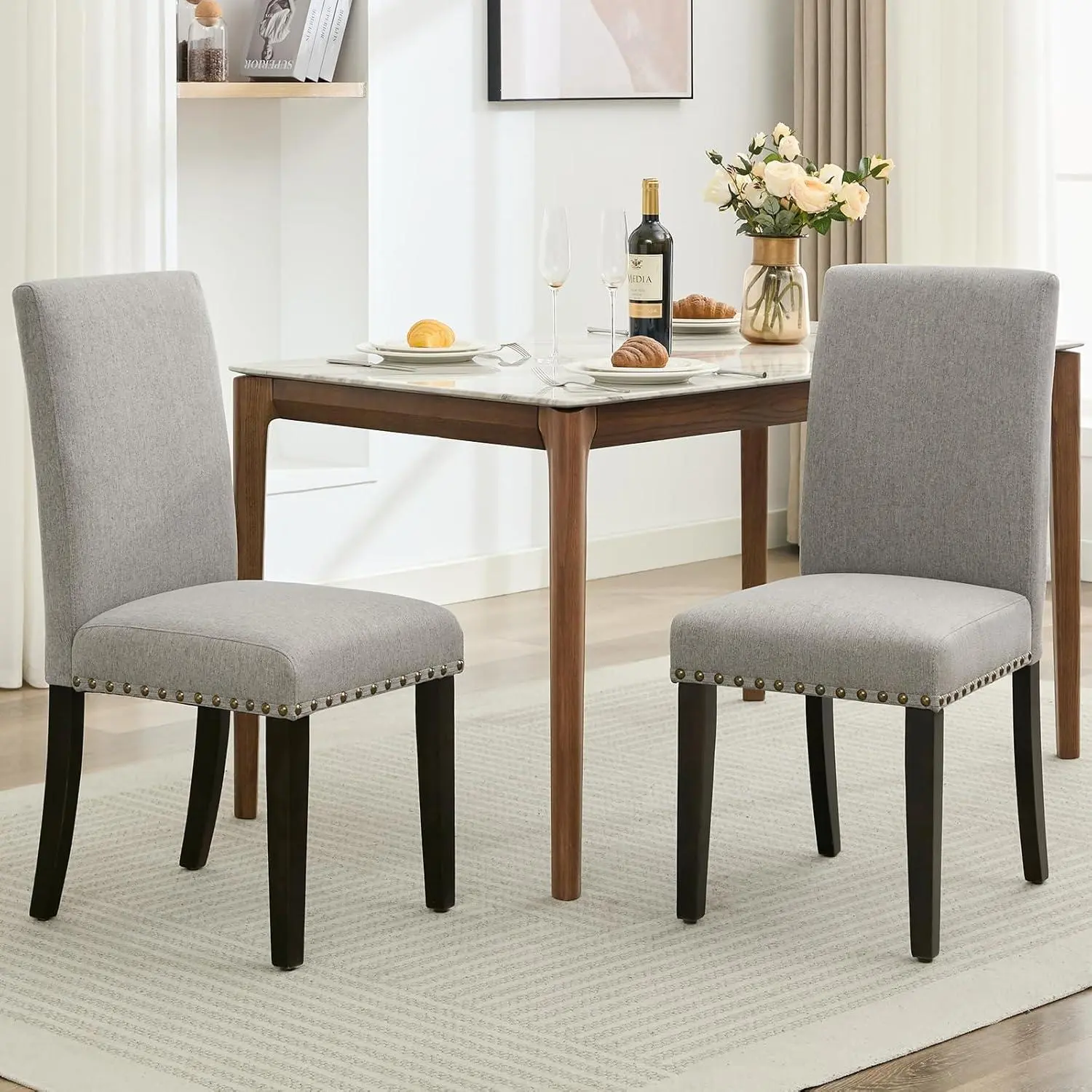 Set of 2 Grey Nailhead Fabric Upholstered Dining Chairs with Heavy Duty Wood Legs for Dining Room