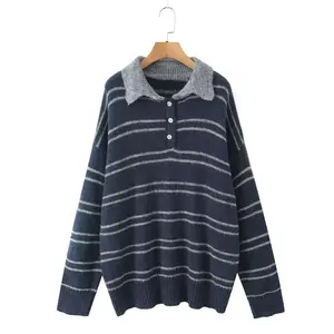 Rae Polo Navy Striped Sweater - Casual Long Sleeve Crew Neck Sweater for Fall Pullover Womenswear