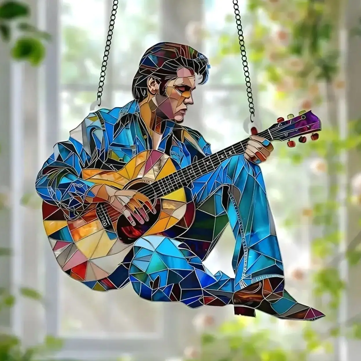 Elvis Presley Playing Guitar Acrylic Suncatcher Ornament - Faux Stained Glass Style Hangable Minimalist Home Decor, Rock 'n' Roll Music Lover Room Decor Gift