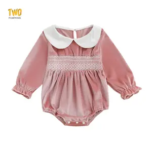 Baby Girls Velvet Romper Doll Collar Long Sleeve Embroidery Bubble Jumpsuit