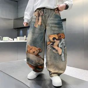 Women's Vintage Wash Teddy Bear Print Wide Leg Jeans, High Waist Baggy Loose Denim Pants, Satin Bow Decor Distressed Faded Gradient Wash Oversized Fit Y2K Coquette Kawaii Streetwear Cute Casual Trendy Bottoms