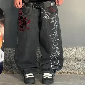  Trousers  Punk Dinosaur Embroidery Washed Jeans Hip Hop Wide Leg