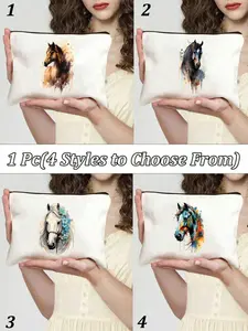 Horse Theme Makeup Bag, Foldable Cosmetic Pouch, Spacious Storage, Reusable Zipper Case, Travel Accessories, Holiday Gifts
