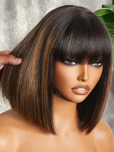 Yaki Straight Bob Wig with Bangs, 180 Density Gorgeous Fluffy Wigs for Women, Synthetic Hair Glueless Short Wigs for Party, Daily Use, Blunt Cut Wig