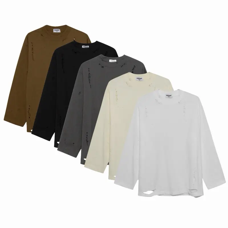 Distressed Oversized Long Sleeve T-Shirt in Brown Black & Cream Colors for Men