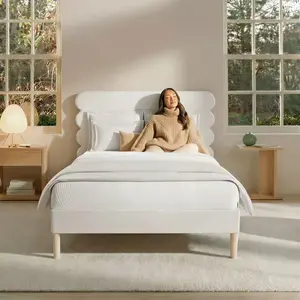 Full Size Bed Frame 52.4" Modern Velvet Upholstered Platform Bed with Biscuit-Edge High Headboard/Silhouette & Support Slats/Noise Reduction Strip/Easy Assembly (White)