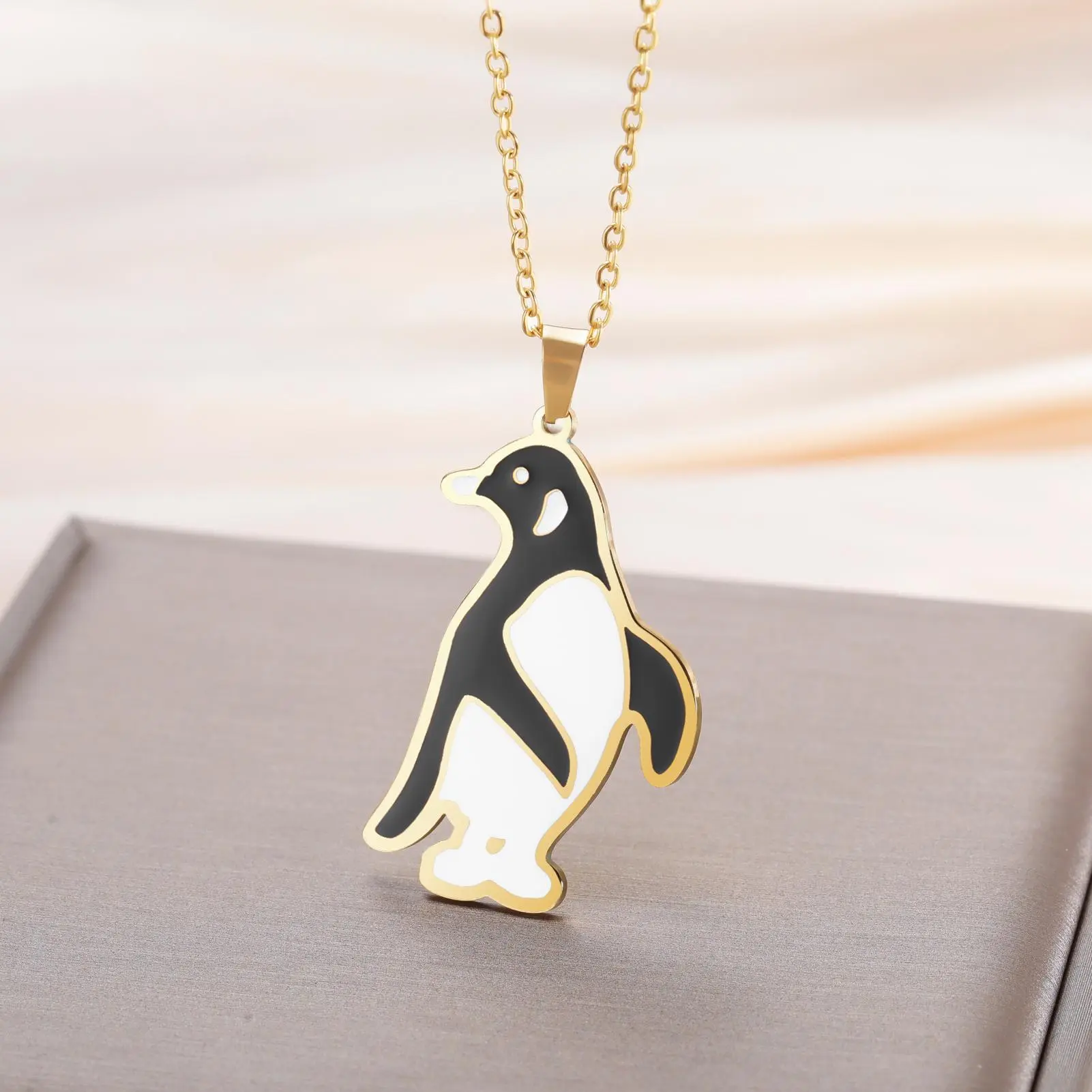 Women's Stainless Steel Cute Penguin Charm Necklace - Gold-Color Finish, 45-50cm Adjustable Chain, Acid-Resistant, Fade-Proof, Allergy-Free, Non-Deformable Adult Daily & Casual Wear Jewelry, Birthday Gift
