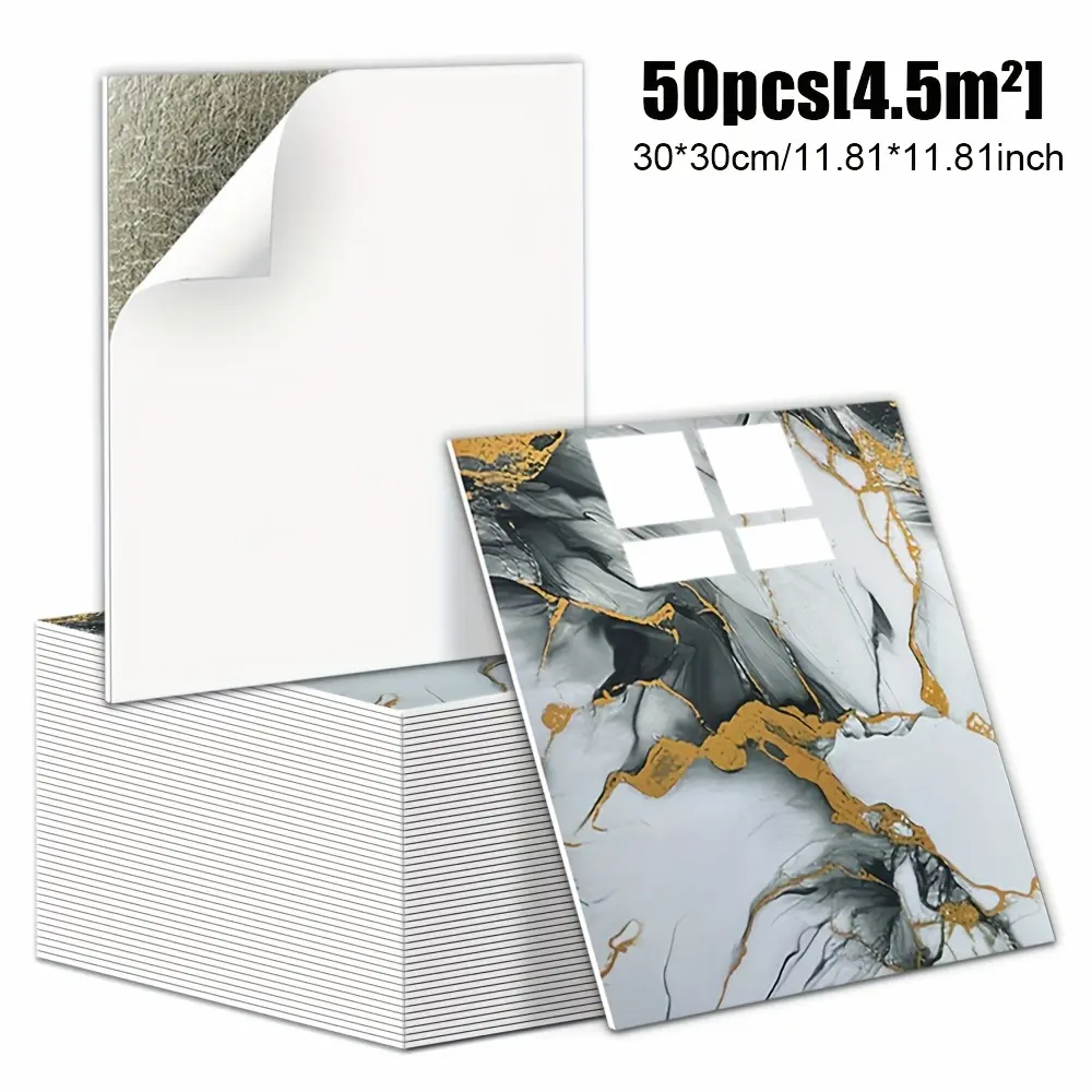 50pcs Waterproof Self-Adhesive Marble Tile Stickers, 11.8" X 11.8" Self-Adhesive Wallpaper, Waterproof, Oil-Proof and - Cuttable, Perfect for Living Room, Bedroom, Bathroom, Kitchen Decoration, Ideal Wall Art Decoration