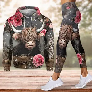 Love Highland Cows Personalized Hoodie & Leggings Set – Custom Name Highland Cow Sweatshirt with High Waist Leggings, Cute Farm Animal Country Girl Outfit