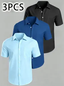 Men's Plus Size 3-Pack Plain Short Sleeve Button-Down Shirts, Business Casual, Breathable with Pockets, Daily Commute Wear